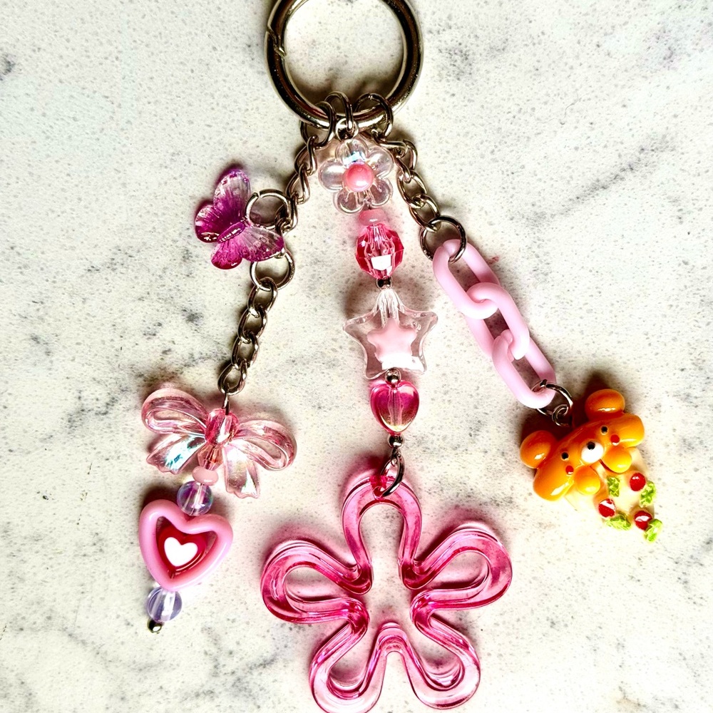 Pink Floral & Charm Kids Keychain - Cute Butterfly, Heart & Teddy Accessories